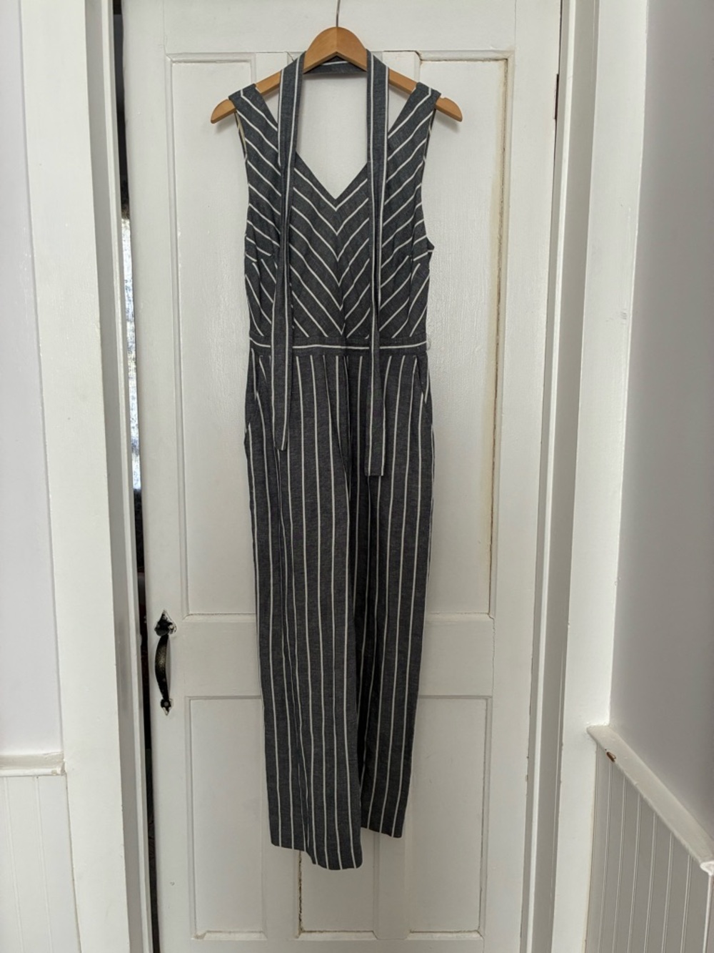 LOFT Gray and White Striped Sleeveless V-Neck Jumpsuit